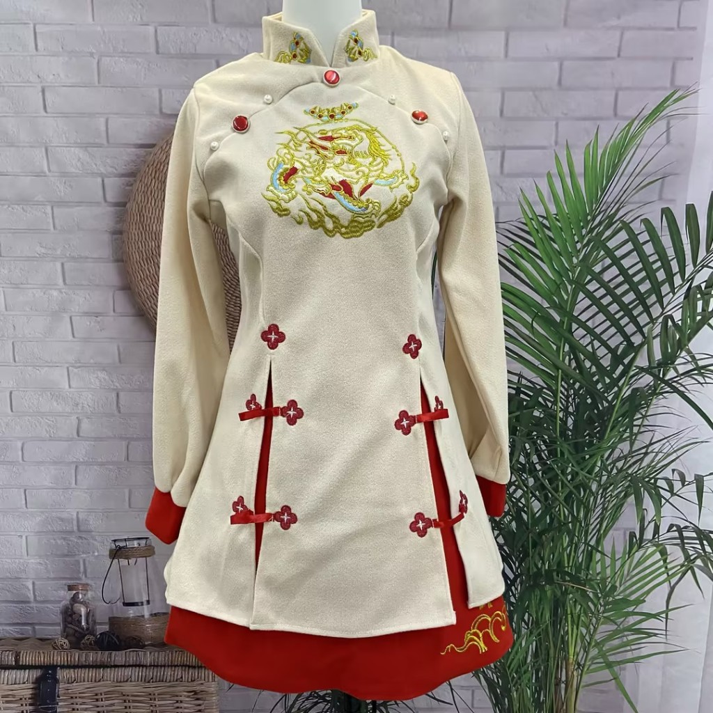 Đầm Giả Hai Mảnh Eo Đỏ Thêu Họa Tiết Phong Cách Trung Hoa Ngọt Ngào Mừng Năm Mới