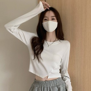 Áo thun ngắn cổ tròn xẻ tà màu trơn thời trang cho nữ