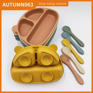 Đĩa ăn cho bé 3 tấm chia lưới silicon mềm chống rơi tập kèm thìa nĩa autumn063