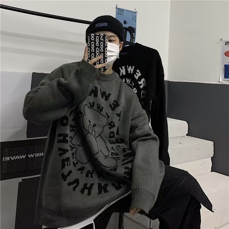 Áo sweater Dệt Kim Tay Dài Dáng Rộng In Họa Tiết Hoạt Hình Đơn Giản Thời Trang Mùa Đông 2023 Cho Nam