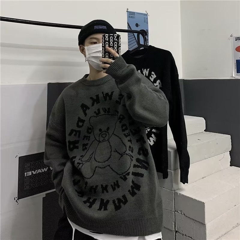 Áo sweater Dệt Kim Tay Dài Dáng Rộng In Họa Tiết Hoạt Hình Đơn Giản Thời Trang Mùa Đông 2023 Cho Nam