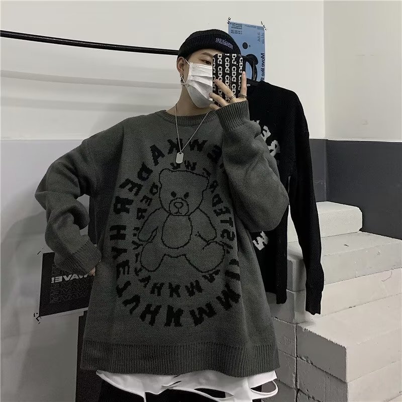 Áo sweater Dệt Kim Tay Dài Dáng Rộng In Họa Tiết Hoạt Hình Đơn Giản Thời Trang Mùa Đông 2023 Cho Nam