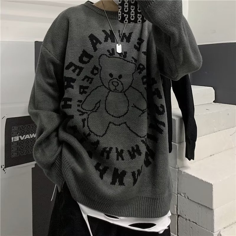 Áo sweater Dệt Kim Tay Dài Dáng Rộng In Họa Tiết Hoạt Hình Đơn Giản Thời Trang Mùa Đông 2023 Cho Nam