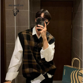 Áo Khoác Cardigan Dệt Kim Dáng Rộng Cổ Chữ V Bảng Ô Không Tay Áo Thời Trang Xu Hướng Ấm Áp Thoải Mái Chất Lượng Cao Cách Mùa Thu Cho Nam