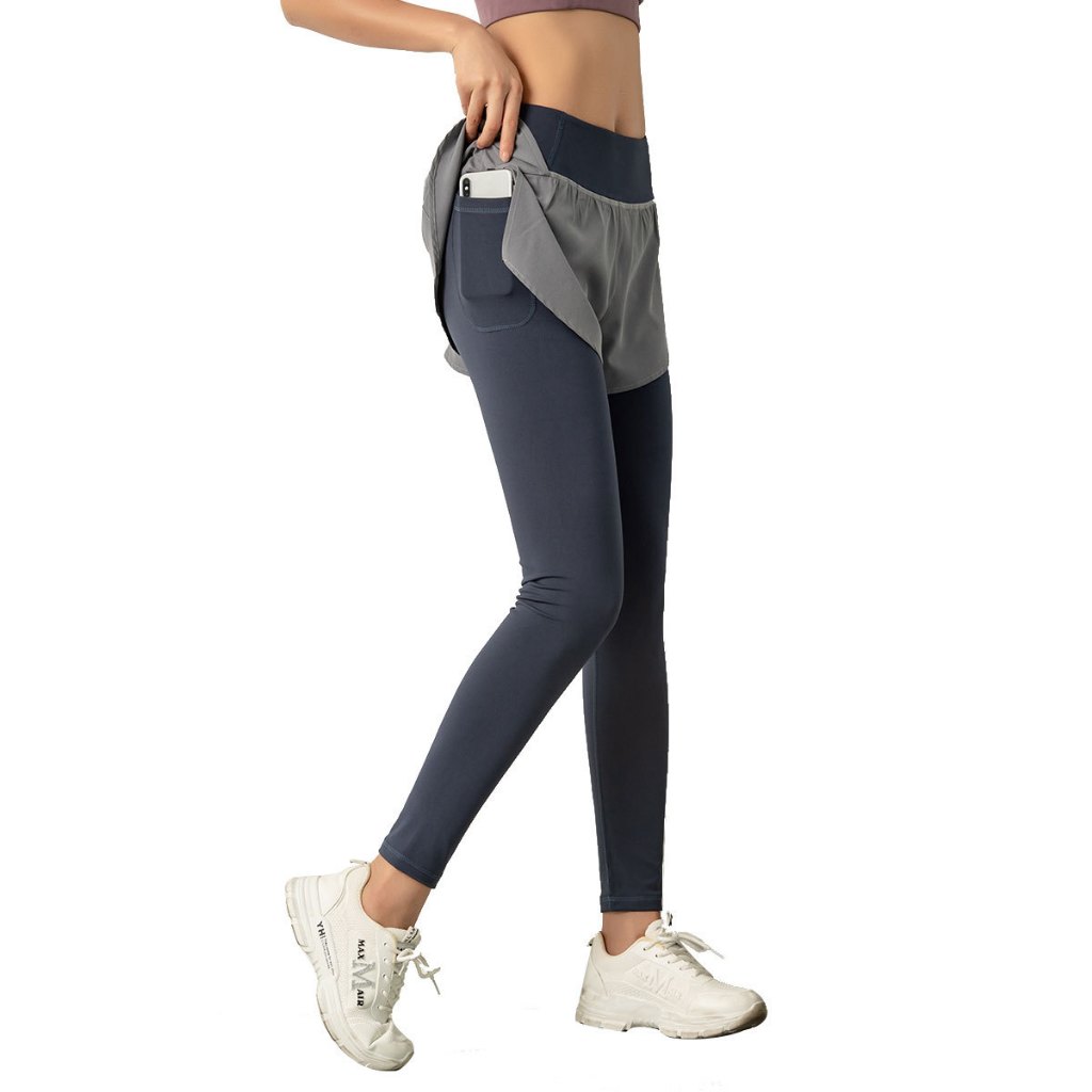 Quần Legging Thể Thao Giả Hai Lớp Lưng Cao Co Giãn Có Túi Dành Cho Nữ