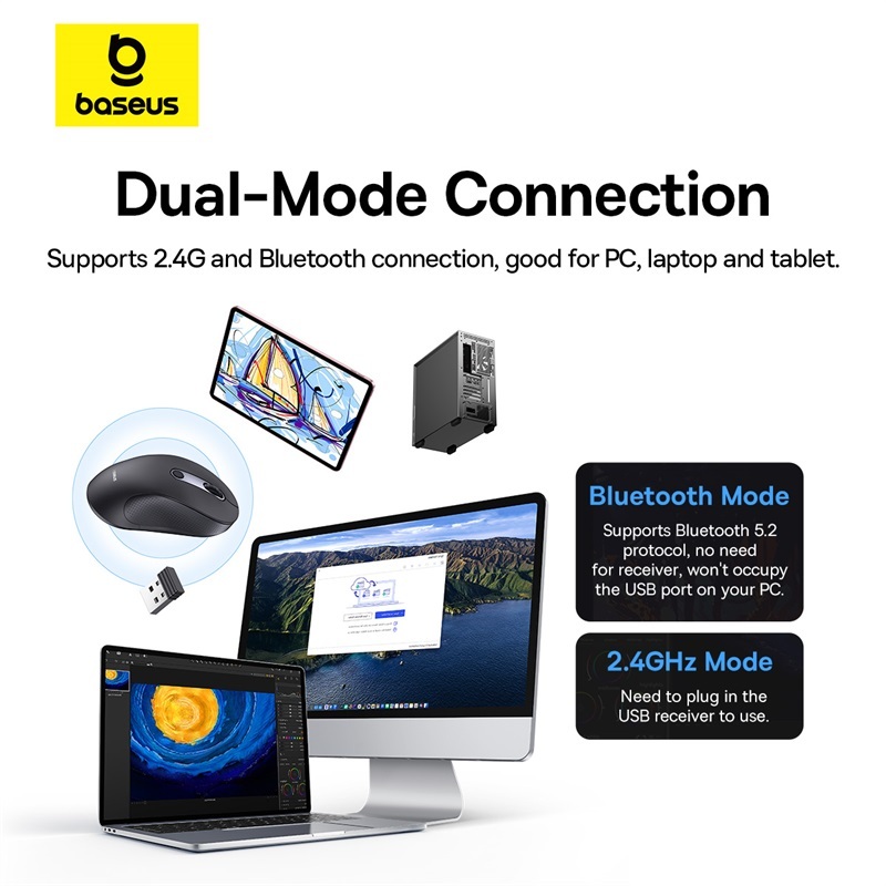 Baseus Chuột không dây gen 2 f02 bluetooth 2.4g 4000Dpi Có Nút Có Thể Tùy Chỉnh Cho pc macbook tablet laptop