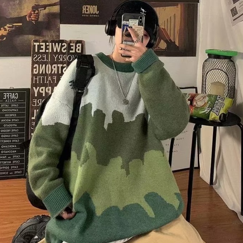 Áo sweater Dệt Kim Tay Dài Dáng Rộng In Họa Tiết Hoạt Hình Phong Cách harajuku Thời Trang Mùa Thu Cho Nam