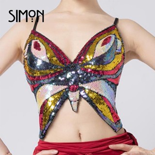 Simba Áo Hai Dây Cổ Chữ v Họa Tiết Bướm Đính Kim Sa Lấp Lánh Thời Trang Cho Nữ