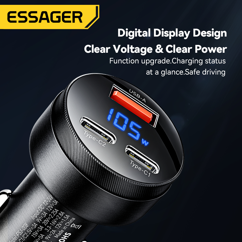 Essager Củ Sạc Điện Thoại Trên Ô Tô 2 Cổng usb 105w Cho pps pd qc