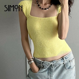 Áo Thun Dệt Kim Ngắn Tay Cổ Vuông Buộc Dây Kiểu Hàn Quốc Cho Nữ