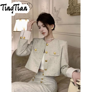 TINGTIAN áo khoác dù áo khoác áo dạ tweed bomber INS cozy High-quality chic WJK23B0WWV 48Z231128