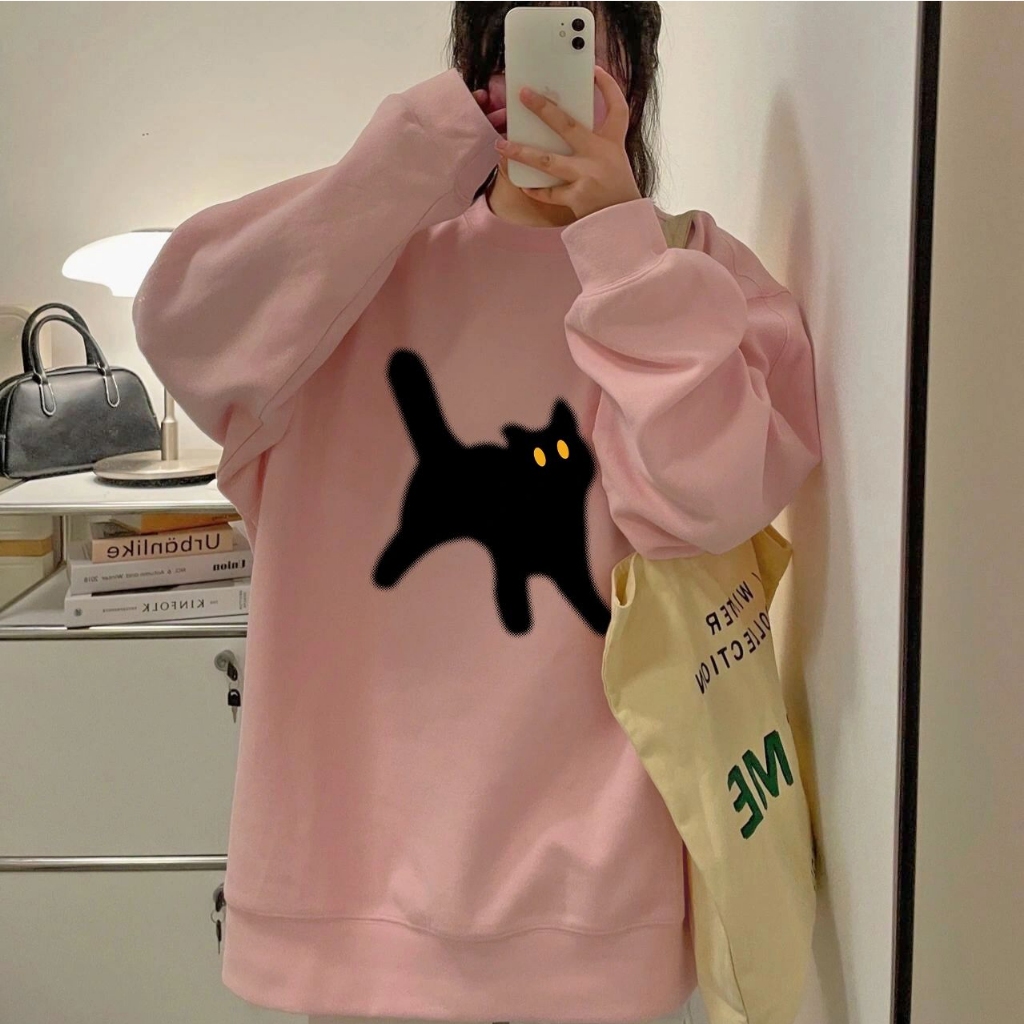 Áo sweater Tay Dài Dáng Rộng In Hình Mèo Đơn Giản Thời Trang Thu Đông Cho Nữ
