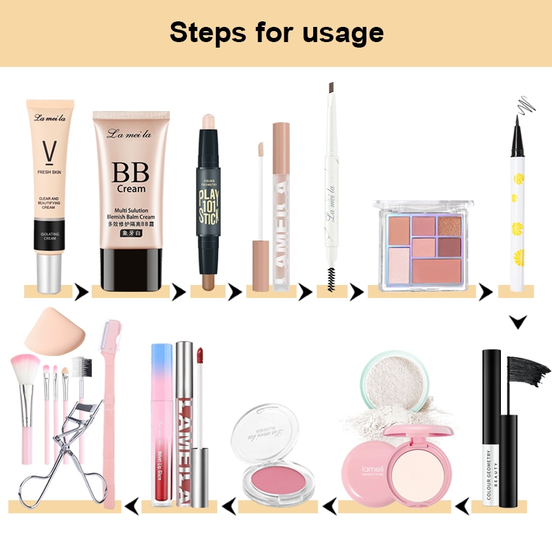 LAMEILA bộ trang điểm 17 sản phẩm Son môi+Mascara+kẻ mắt+Bàn chải trang điểm+Chất lỏng concealer+Lông mi clip+Lông mày dao+Nhãn bóng đĩa