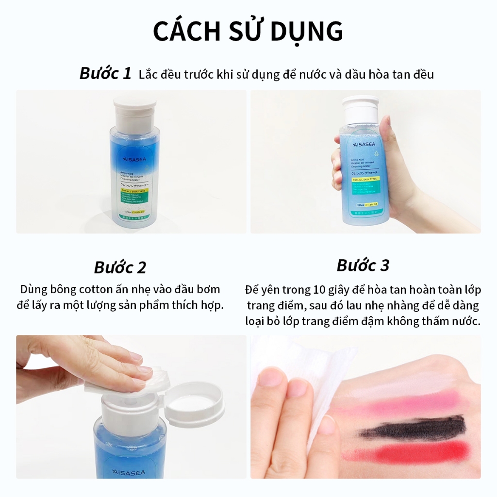 AISASEA Nước tẩy trang 15x amino acid 220ml làm sạch sâu  3:7 tỉ lệ vàng kết hợp nước và dầu hai trong một