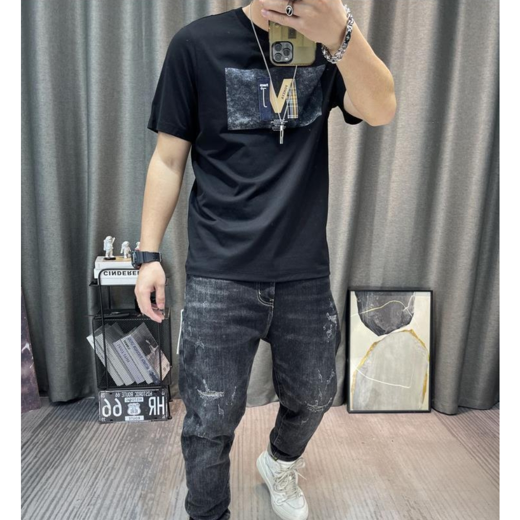 Áo Thun Tay Ngắn Cổ Tròn In Họa Tiết Hoạt Hình Phong Cách Hồng Kông Cá Tính Cho Nam