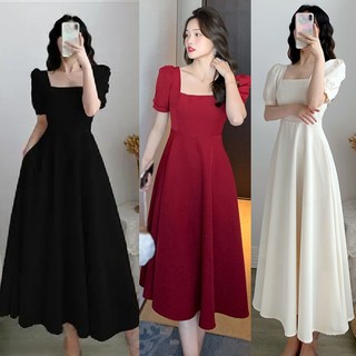Đầm Dài Đến Đầu Gối Tay Phồng Màu Sắc Đơn Giản Thời Trang Cho Nữ