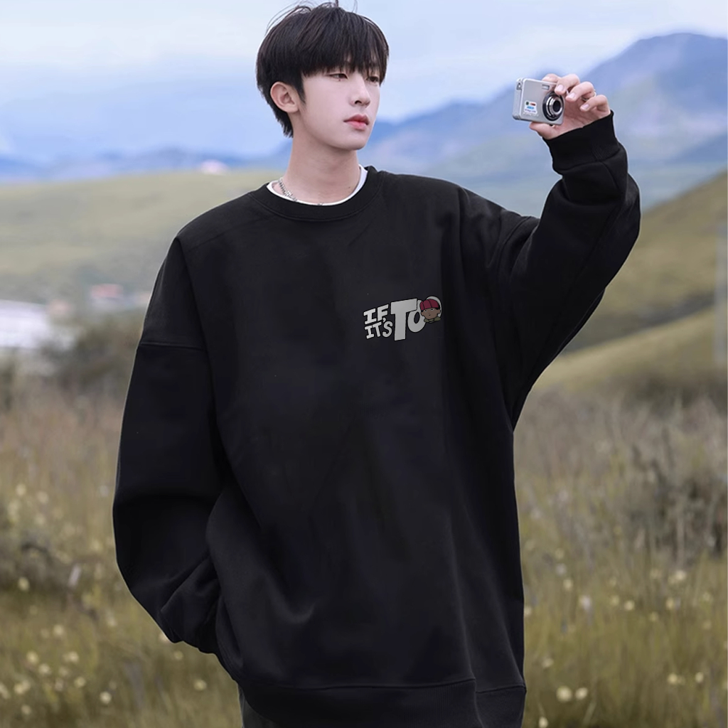 Áo sweater nam đen BEEYANBUY áo nỉ tay dài basic vintage in hình unisex 100% cotton-Y0583