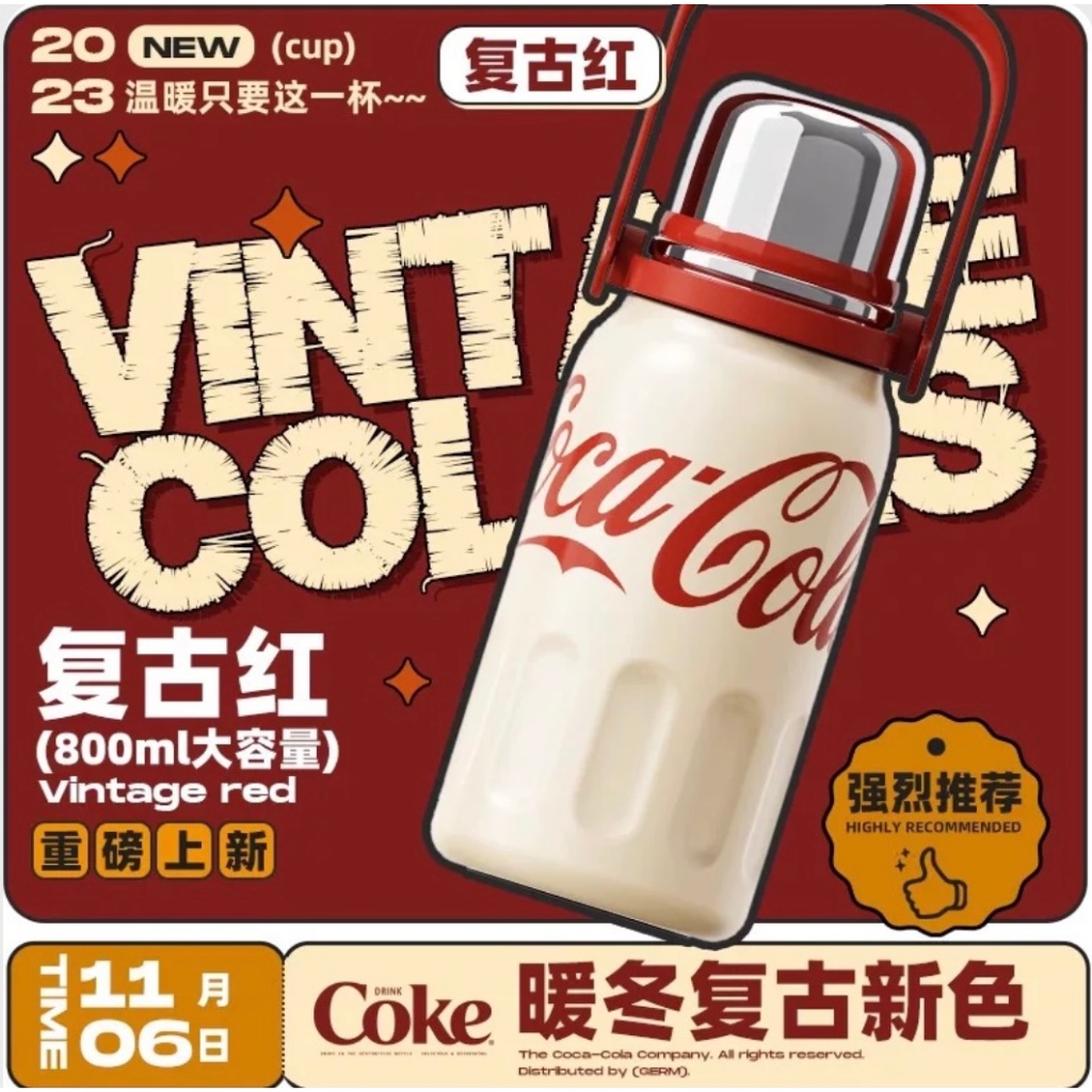 Cốc Giữ Nhiệt Bằng Thép Không Gỉ Cocacola Chính Hãng co-Brand 24h Cách Nhiệt 316 800ml Có Nắp Với Dây Đeo Vai