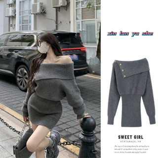 XIN LAN YA SHE Áo sweater Dệt Kim Trễ Vai Tay Dài + Chân Váy Ngắn Eo Cao Mới Cho Nữ