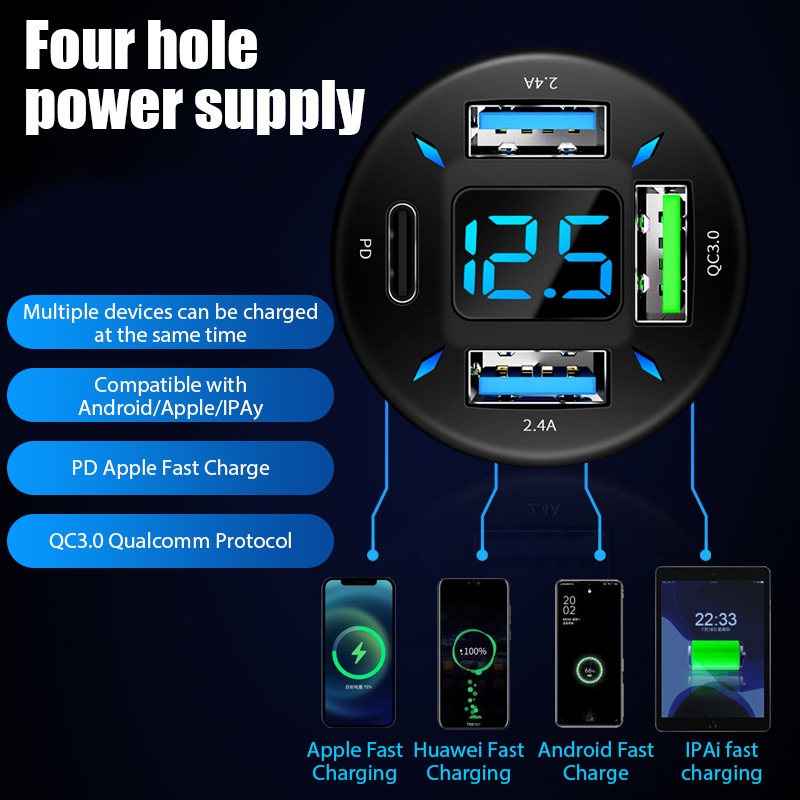 Mới Củ Sạc Điện Thoại Đa Năng Trên Xe Hơi Siêu Nhanh 4usb Có Màn Hình Hiển Thị Kỹ Thuật Số Cho apple Và huawei
