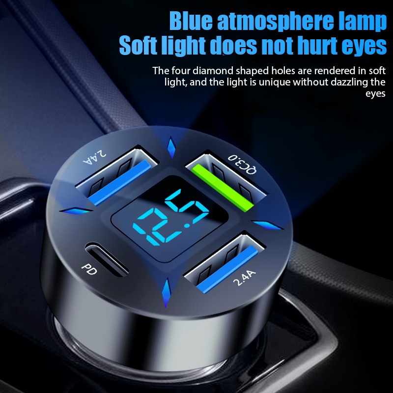 Mới Củ Sạc Điện Thoại Đa Năng Trên Xe Hơi Siêu Nhanh 4usb Có Màn Hình Hiển Thị Kỹ Thuật Số Cho apple Và huawei