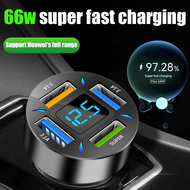 Mới Củ Sạc Điện Thoại Đa Năng Trên Xe Hơi Siêu Nhanh 4usb Có Màn Hình Hiển Thị Kỹ Thuật Số Cho apple Và huawei