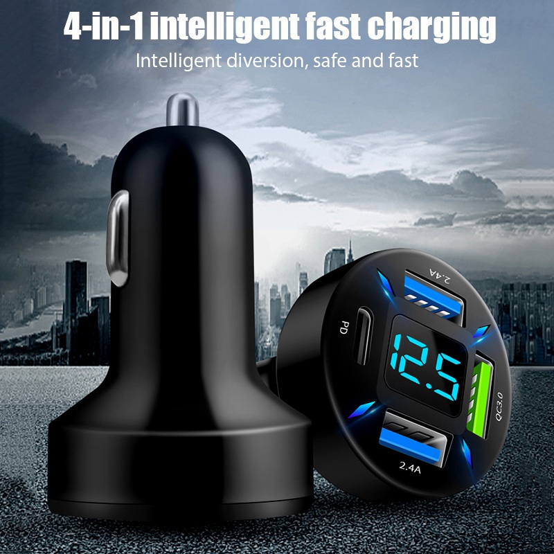 Mới Củ Sạc Điện Thoại Đa Năng Trên Xe Hơi Siêu Nhanh 4usb Có Màn Hình Hiển Thị Kỹ Thuật Số Cho apple Và huawei