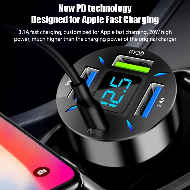 Mới Củ Sạc Điện Thoại Đa Năng Trên Xe Hơi Siêu Nhanh 4usb Có Màn Hình Hiển Thị Kỹ Thuật Số Cho apple Và huawei
