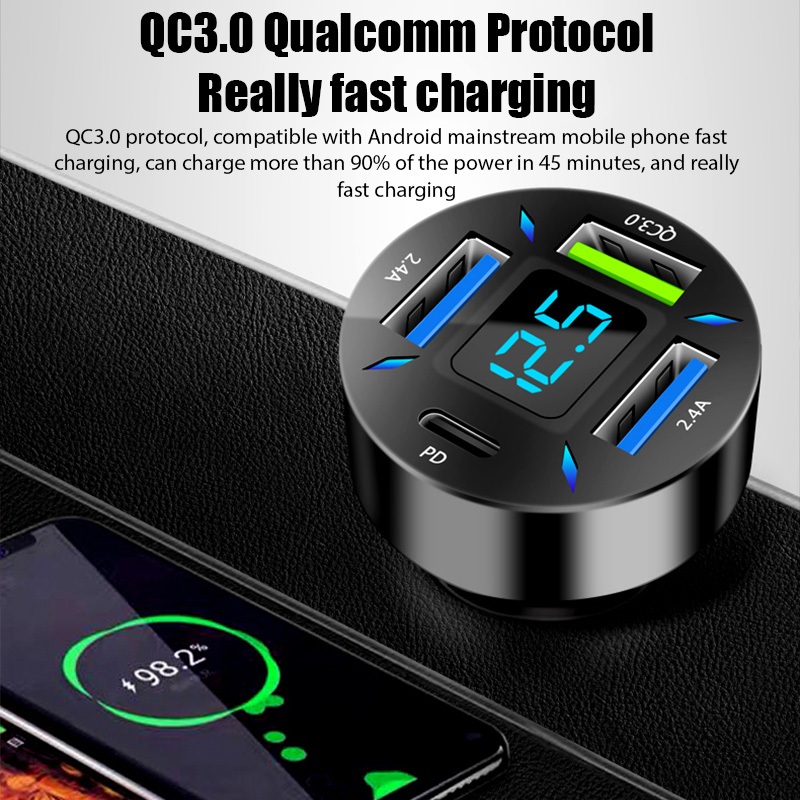 Mới Củ Sạc Điện Thoại Đa Năng Trên Xe Hơi Siêu Nhanh 4usb Có Màn Hình Hiển Thị Kỹ Thuật Số Cho apple Và huawei