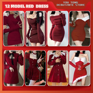 YOUTONG❤️váy đỏ Đầm Nhung Dệt Kim Ôm Hông Phong Cách Giáng Sinh giáng sinh đầm váy noel đầm giáng sinh