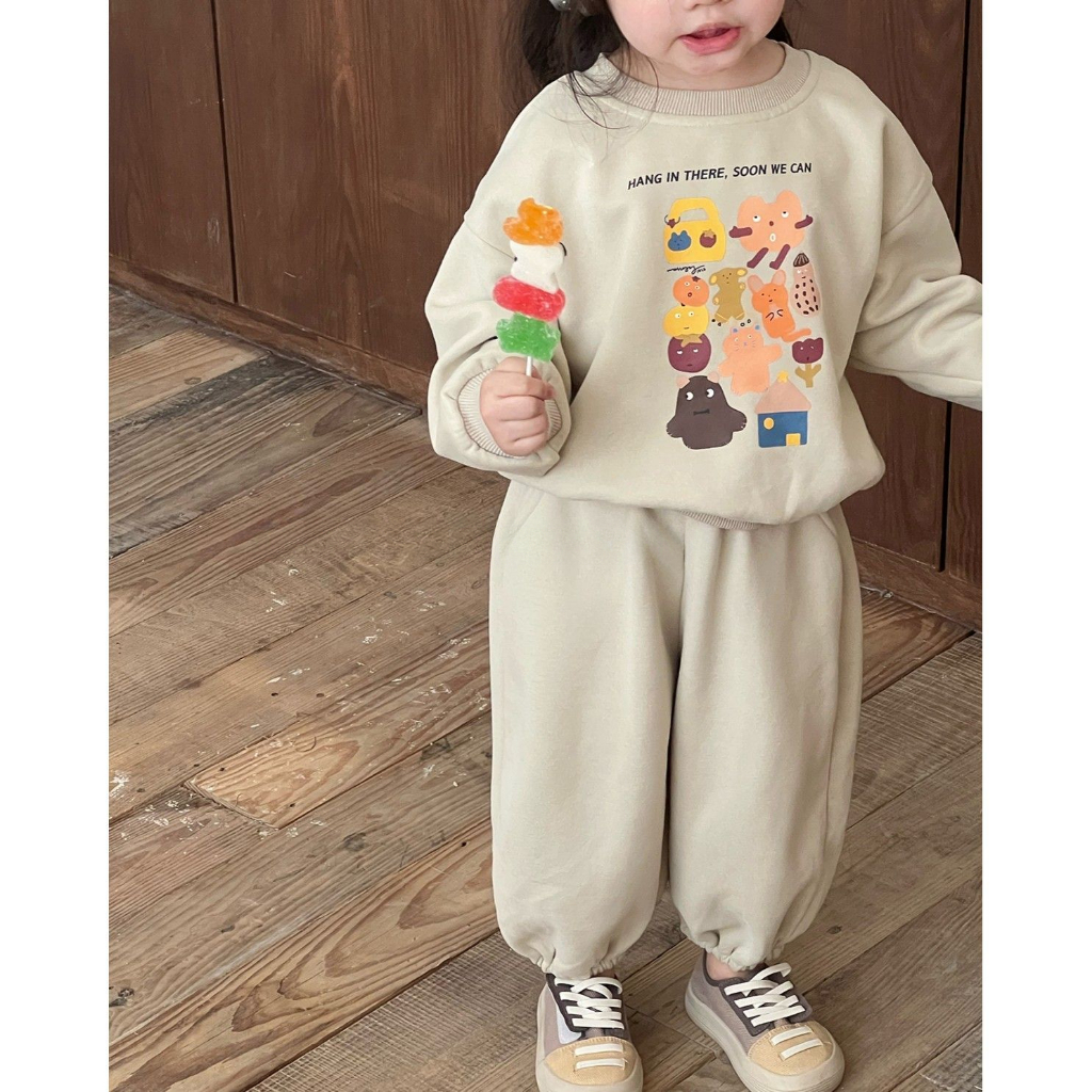 Aiyaya bộ bé gái Quần áo họa tiết hoạt hình + quần xám Phong cách dễ thương và ngọt ngào ăn mặc thoải mái In ấn thời trang mùa thu