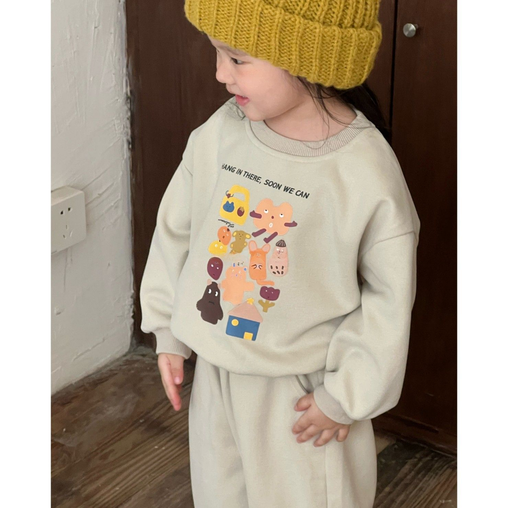 Aiyaya bộ bé gái Quần áo họa tiết hoạt hình + quần xám Phong cách dễ thương và ngọt ngào ăn mặc thoải mái In ấn thời trang mùa thu