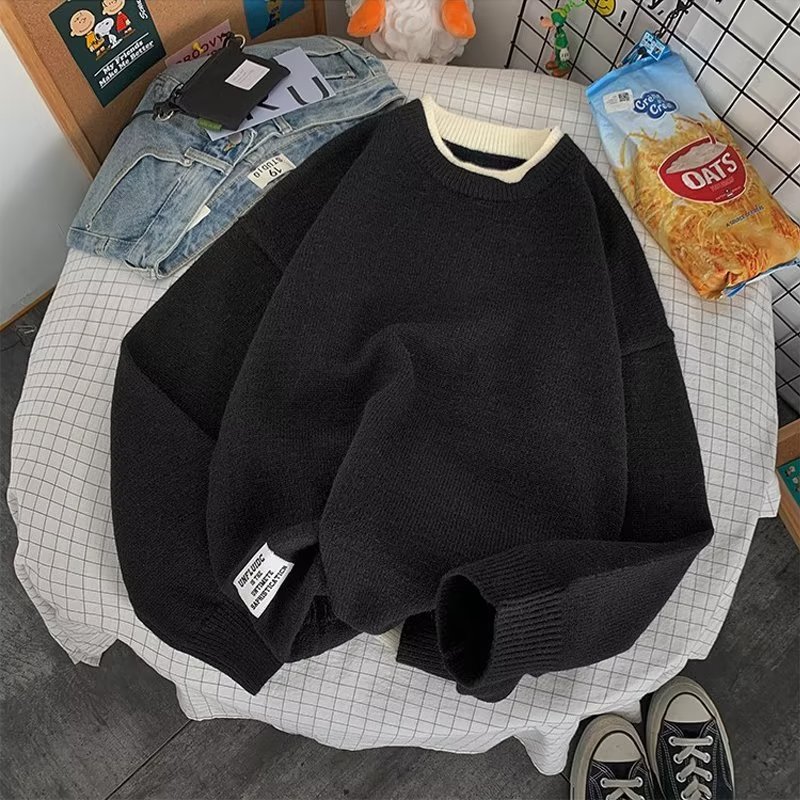 Giảm Giá Lớn Áo sweater Dệt Kim Tay Dài Mềm Mại Màu Trơn Giả Hai Lớp Thời Trang Và Thoải Mái Phong Cách ins Dành Cho Nam