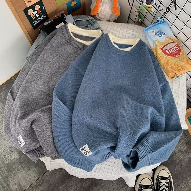 Giảm Giá Lớn Áo sweater Dệt Kim Tay Dài Mềm Mại Màu Trơn Giả Hai Lớp Thời Trang Và Thoải Mái Phong Cách ins Dành Cho Nam