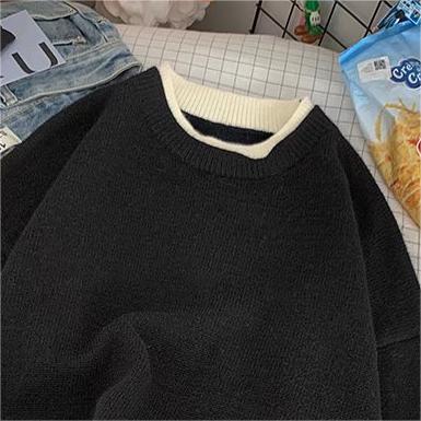 Giảm Giá Lớn Áo sweater Dệt Kim Tay Dài Mềm Mại Màu Trơn Giả Hai Lớp Thời Trang Và Thoải Mái Phong Cách ins Dành Cho Nam