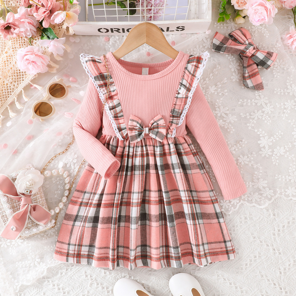Váy xinh bé gái 4-7 tuổi đầm công chúa thời trang Tay Dài Sọc Caro cho bé trẻ em