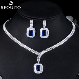  Shining Sapphire Royal Blue Cubic Zirconia Trắng Mạ Vàng Cưới Bộ Trang Sức Lớn Vuông Tòn Ten Bông Tai Vòng Cổ JS122 