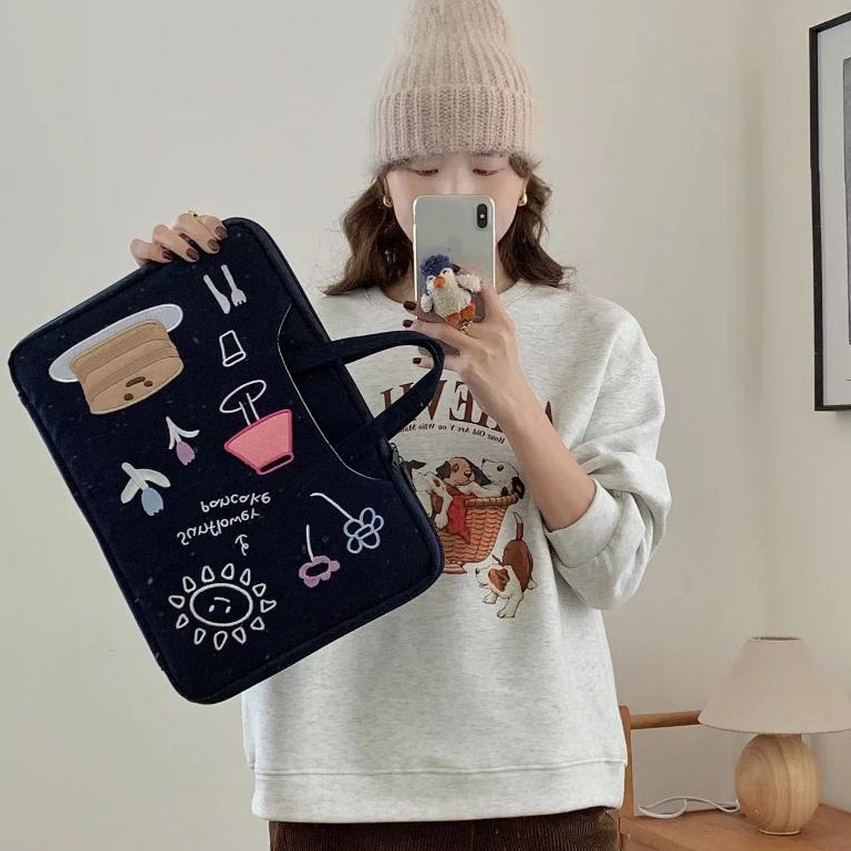 Túi Đựng laptop Chống Sốc Bằng Vải Nhung Kẻ Kích Thước Lớn Hình Gấu cherry Phong Cách Hàn Quốc Cho 13.3 14.1 15.6 inches