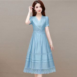 Đầm Dài Tay Ngắn Cổ Chữ v Eo Cao Thời Trang Mùa Hè Thanh Lịch Dành Cho Nữ