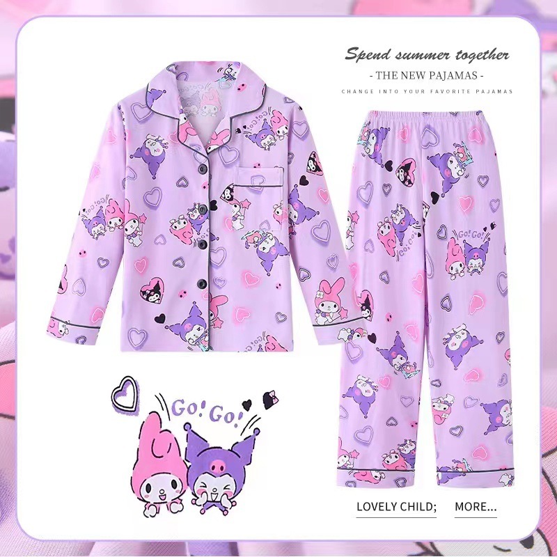 Bộ Đồ Ngủ Pijama gấu dâu Kuromi Tay Dài In Họa Tiết melody Dễ Thương Thời Trang Mùa Hè Cho Bé Gái