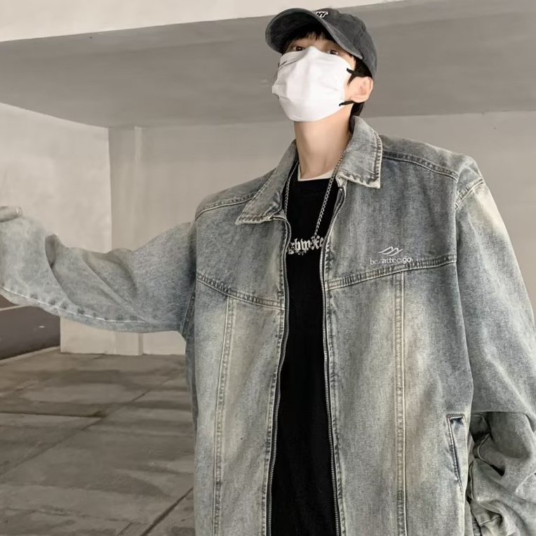 Áo Khoác Jean Dài Tay Họa Tiết Thêu Phong Cách hip hop Thời Trang Cho Nam
