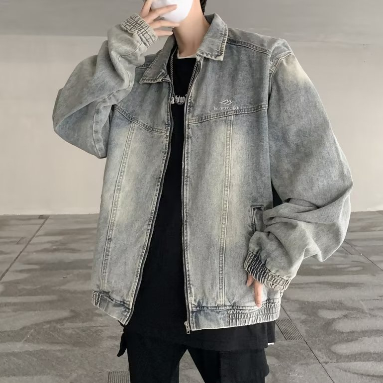 Áo Khoác Jean Dài Tay Họa Tiết Thêu Phong Cách hip hop Thời Trang Cho Nam