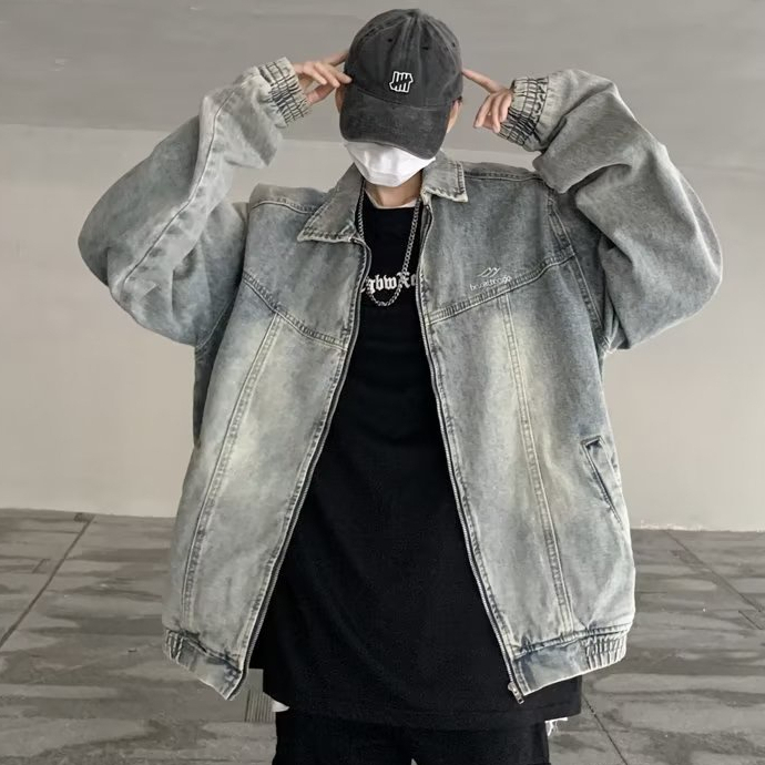 Áo Khoác Jean Dài Tay Họa Tiết Thêu Phong Cách hip hop Thời Trang Cho Nam