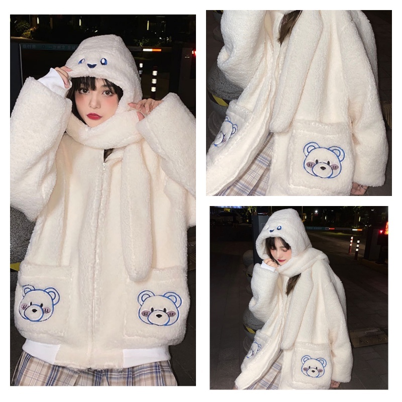 Áo Khoác Lông Cừu Dày Dặn Dáng Rộng Thêu Hình Gấu Có Túi Plus Size Cho Nữ