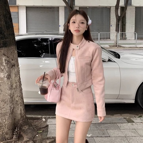 Bộ Áo Khoác Dài Tay + Chân Váy Ngắn Màu Trơn Thời Trang Dành Cho Nữ