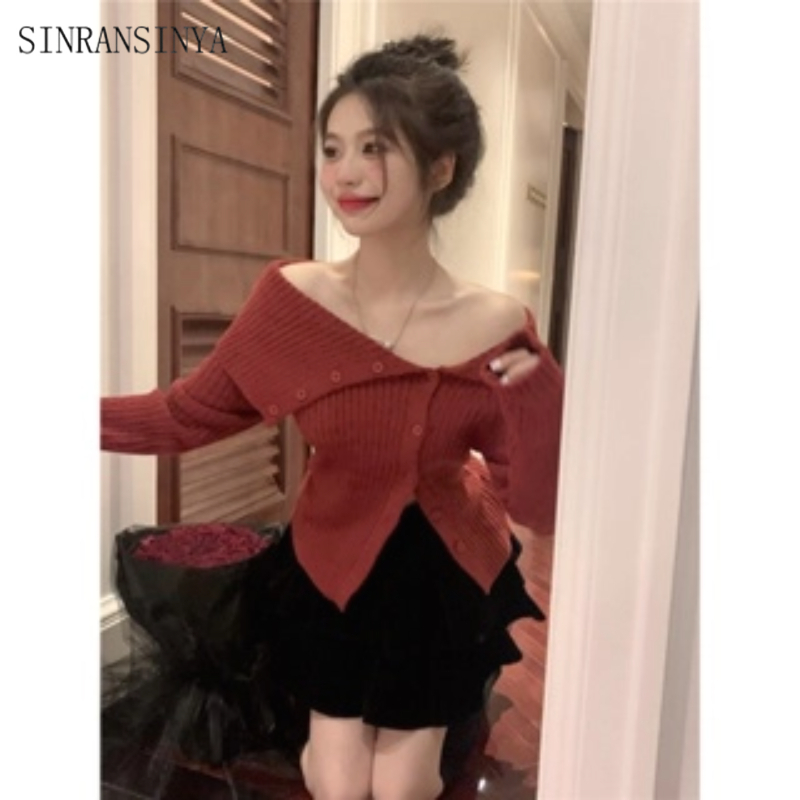 Sinransinya Áo Khoác cardigan Dệt Kim Trễ Vai Dáng Ôm Thời Trang Thu Đông Dành Cho Nữ