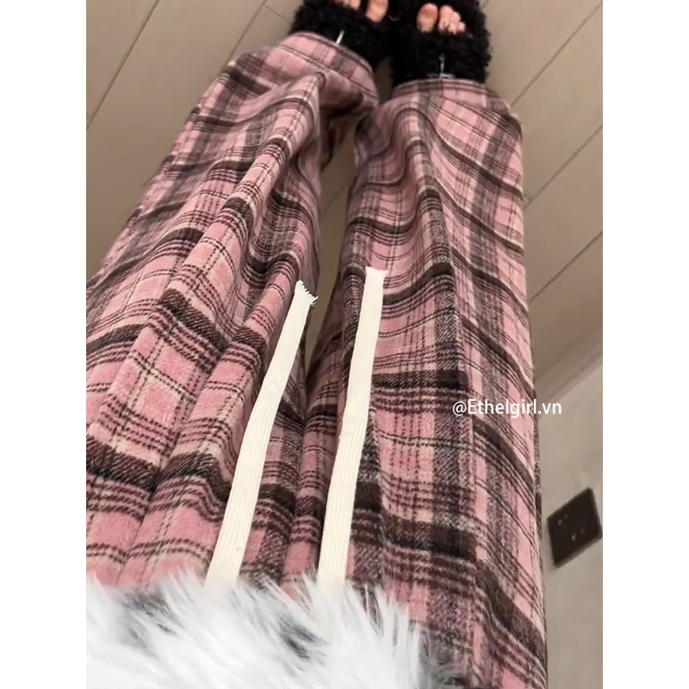 Ethelgirl Quần Dài Nữ Lưng Cao Ống Đứng Họa Tiết Caro Thời Trang Hàn Quốc