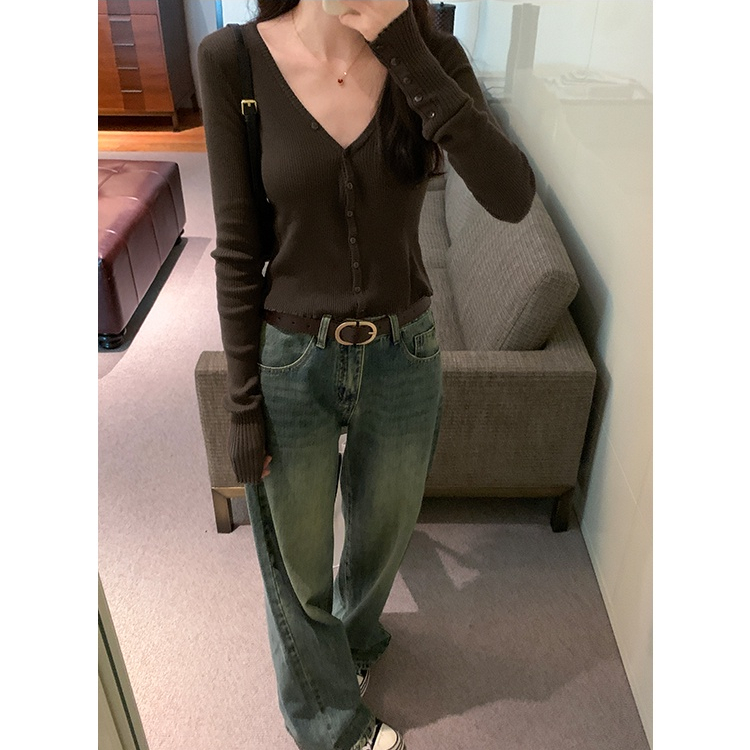 Áo cardigan Dệt Kim Cổ v Dáng Ôm Dài Tay Phong Cách retro 69080