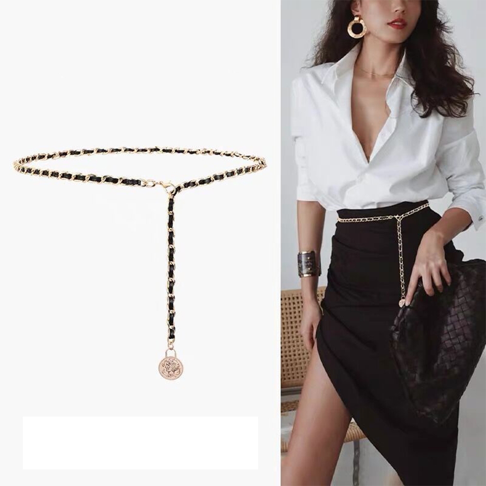 Thắt Lưng Bện Dây Xích Kim Loại Đính Hạt Hình Hoa Trà Màu Đen Thanh Lịch Cho Nữ