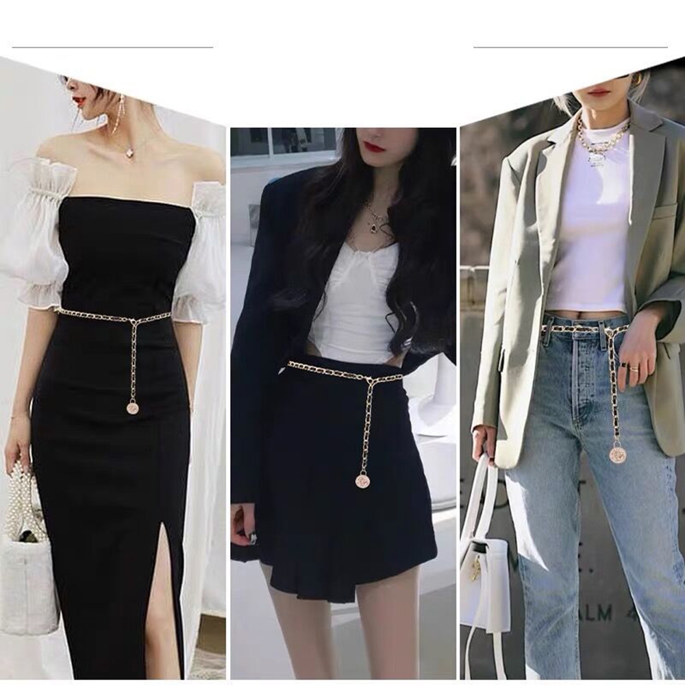 Thắt Lưng Bện Dây Xích Kim Loại Đính Hạt Hình Hoa Trà Màu Đen Thanh Lịch Cho Nữ